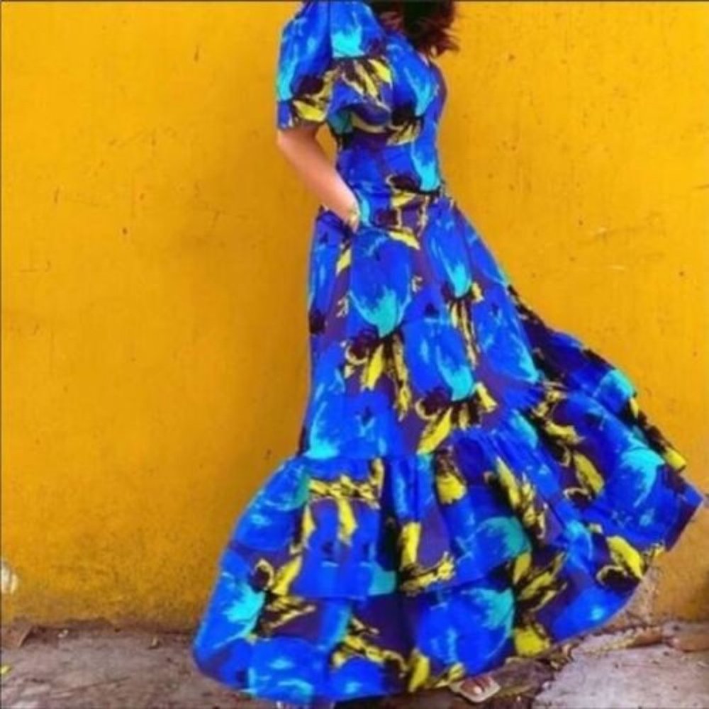 Christopher John Rogers Boho Maxi Blue Floral Puff Sleeve Dress